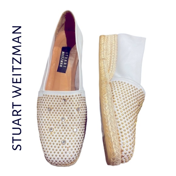 Stuart Weitzman Shoes - Stuart Weitzman White and Gold Studded Espadrilles